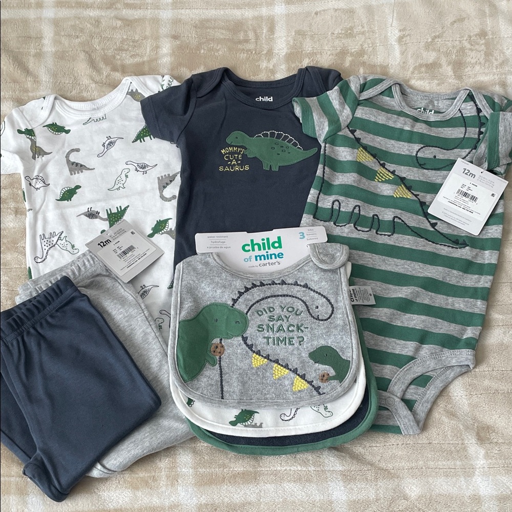 Carter's Green and Gray Dinosaur Matching Set NWT 12 Months Old
